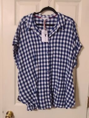 Blue and White Gingham Button-Up Shirt